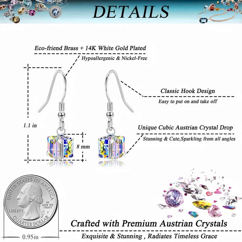 EVEVIC Austrian Crystal Cube Drop Dangle Earrings for Women Fashion 14K Gold Plated Hypoallergenic Jewelry (Aurora Borealis) - Image 4